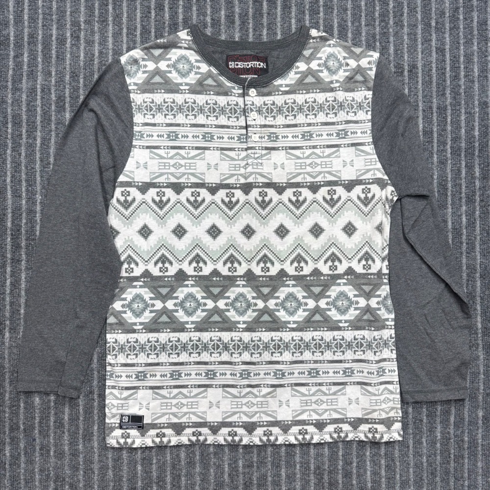 Distortion Mens Henley Shirt Large Gray White Southwestern Tribal Long Sleeve